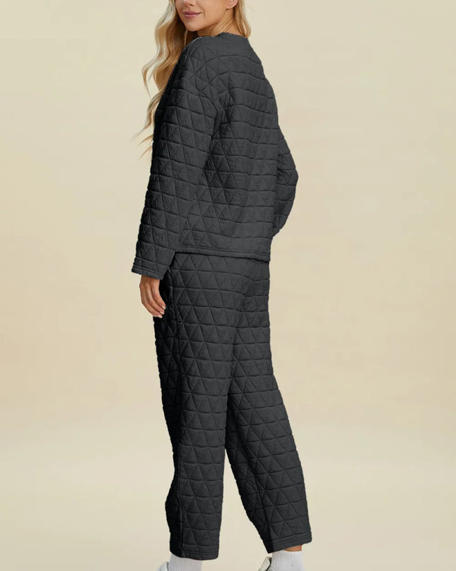 Double Take Full Size Texture Round Neck Long Sleeve Top and Pants Set - Sleekdenim.com
