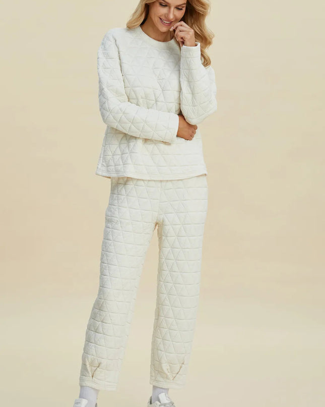 Double Take Full Size Texture Round Neck Long Sleeve Top and Pants Set - Sleekdenim.com