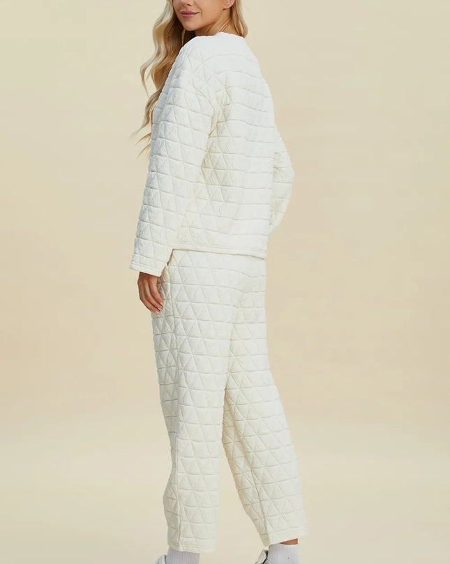 Double Take Full Size Texture Round Neck Long Sleeve Top and Pants Set - Sleekdenim.com