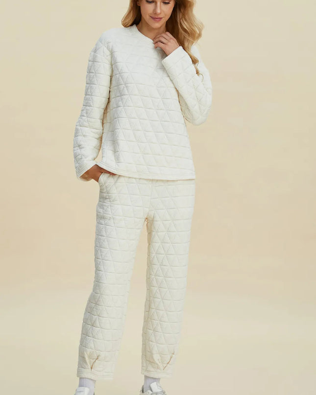 Double Take Full Size Texture Round Neck Long Sleeve Top and Pants Set - Sleekdenim.com