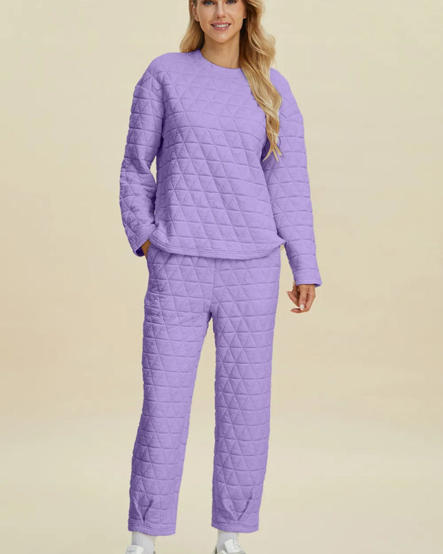 Double Take Full Size Texture Round Neck Long Sleeve Top and Pants Set - Sleekdenim.com