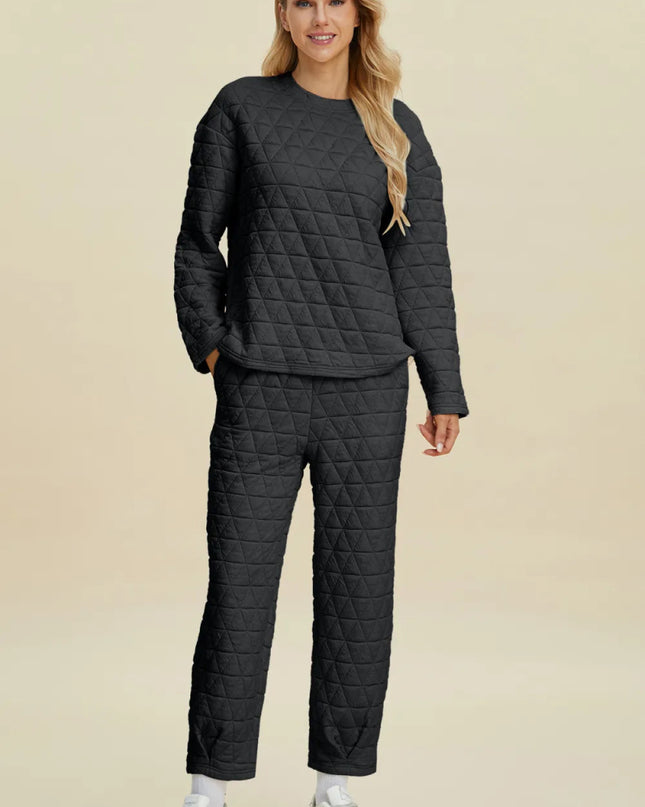 Double Take Full Size Texture Round Neck Long Sleeve Top and Pants Set - Sleekdenim.com