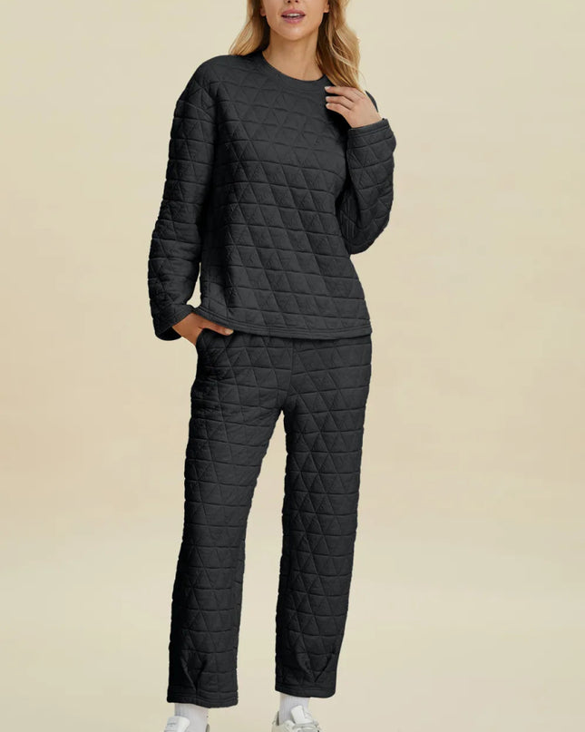 Double Take Full Size Texture Round Neck Long Sleeve Top and Pants Set - Sleekdenim.com