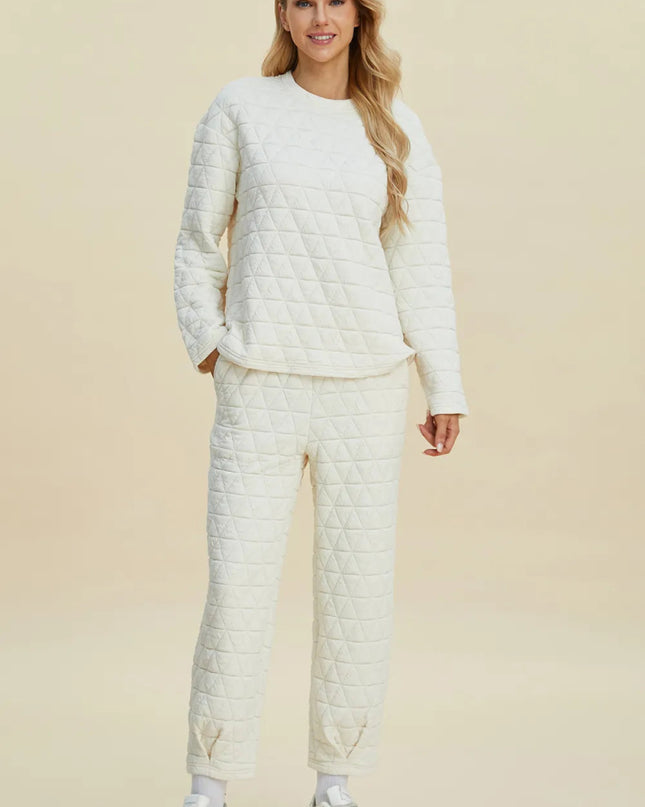 Double Take Full Size Texture Round Neck Long Sleeve Top and Pants Set - Sleekdenim.com