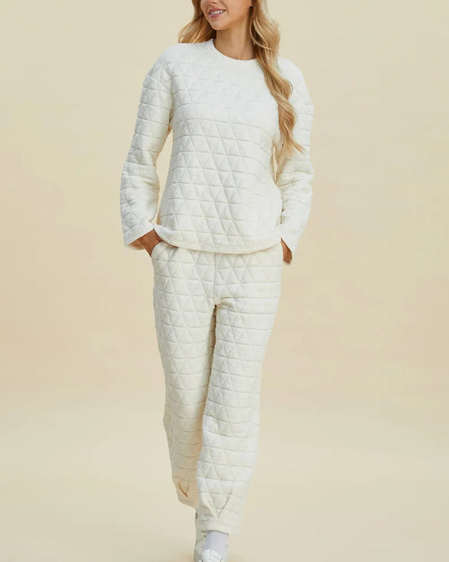 Double Take Full Size Texture Round Neck Long Sleeve Top and Pants Set - Sleekdenim.com