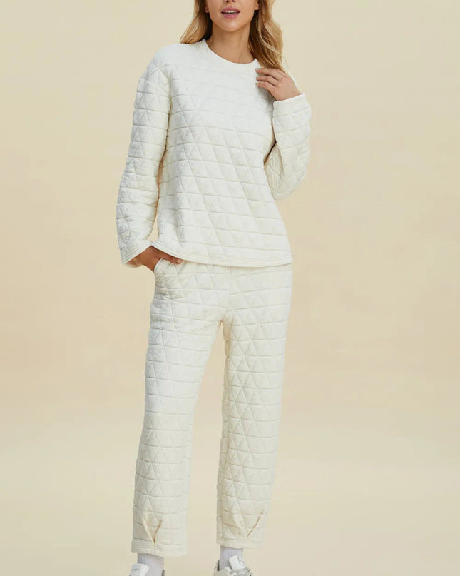 Double Take Full Size Texture Round Neck Long Sleeve Top and Pants Set - Sleekdenim.com