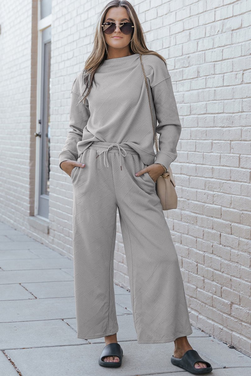 Double Take Full Size Textured Long Sleeve Top and Drawstring Pants Set - Sleekdenim.com