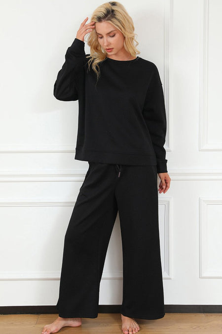 Double Take Full Size Textured Long Sleeve Top and Drawstring Pants Set - Sleekdenim.com