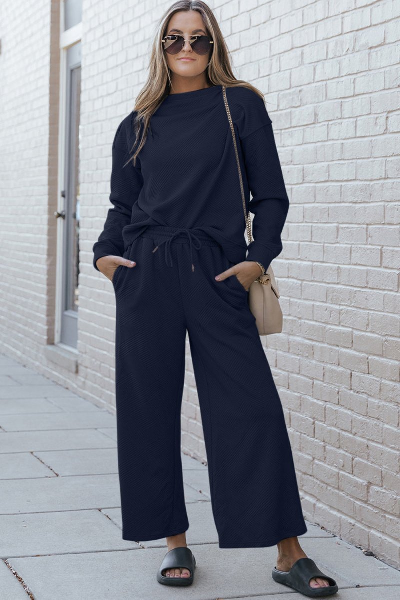 Double Take Full Size Textured Long Sleeve Top and Drawstring Pants Set - Sleekdenim.com