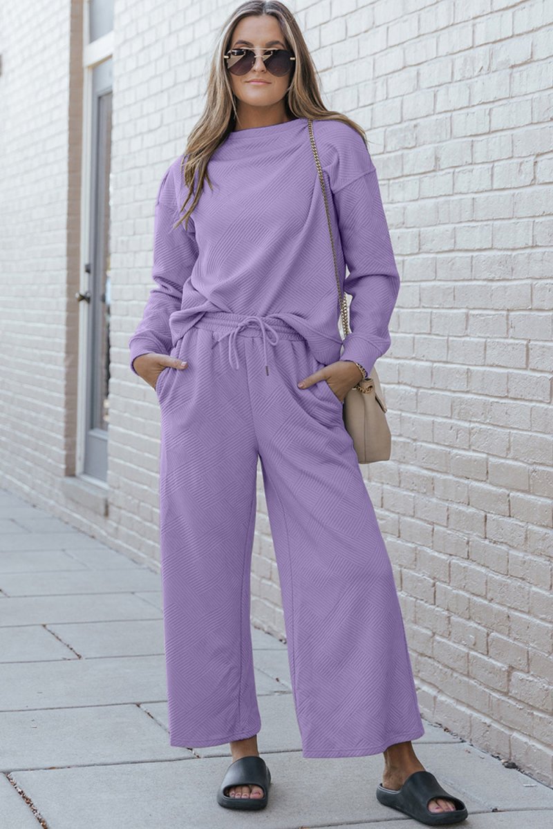 Double Take Full Size Textured Long Sleeve Top and Drawstring Pants Set - Sleekdenim.com