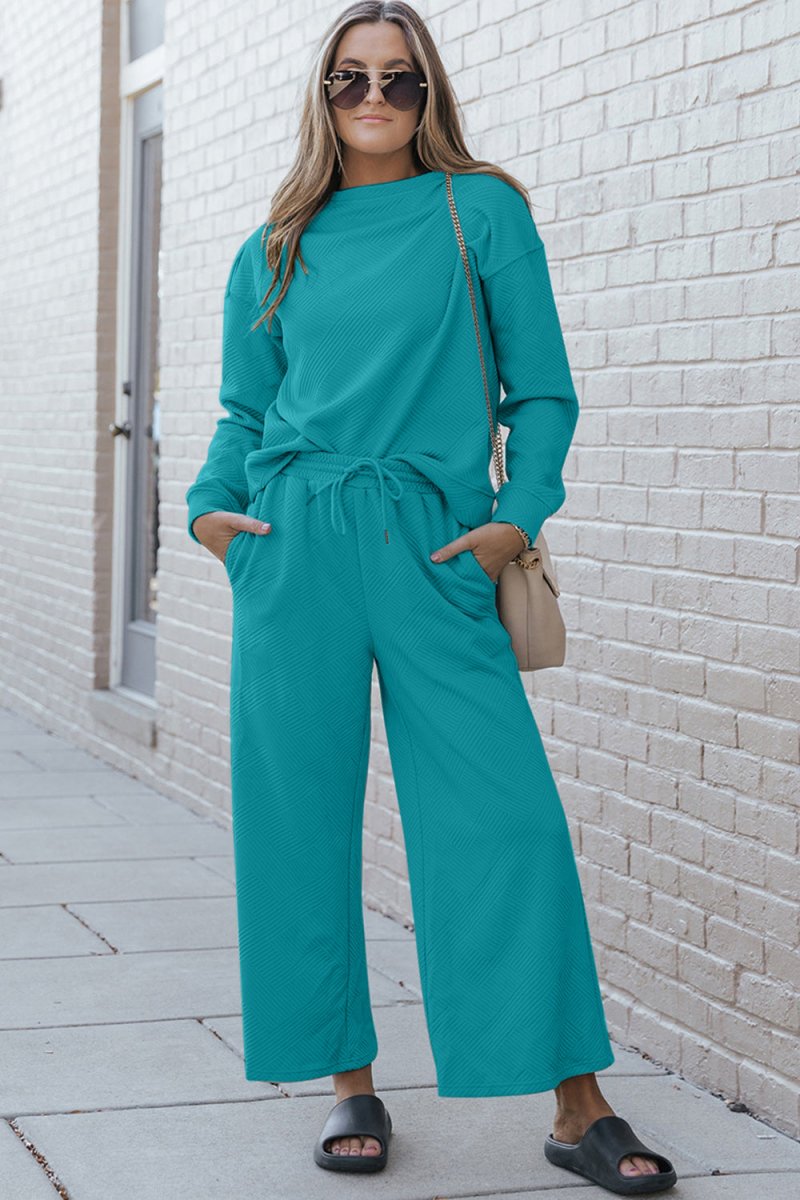 Double Take Full Size Textured Long Sleeve Top and Drawstring Pants Set - Sleekdenim.com