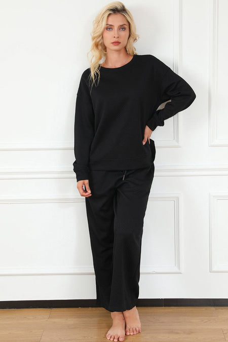 Double Take Full Size Textured Long Sleeve Top and Drawstring Pants Set - Sleekdenim.com