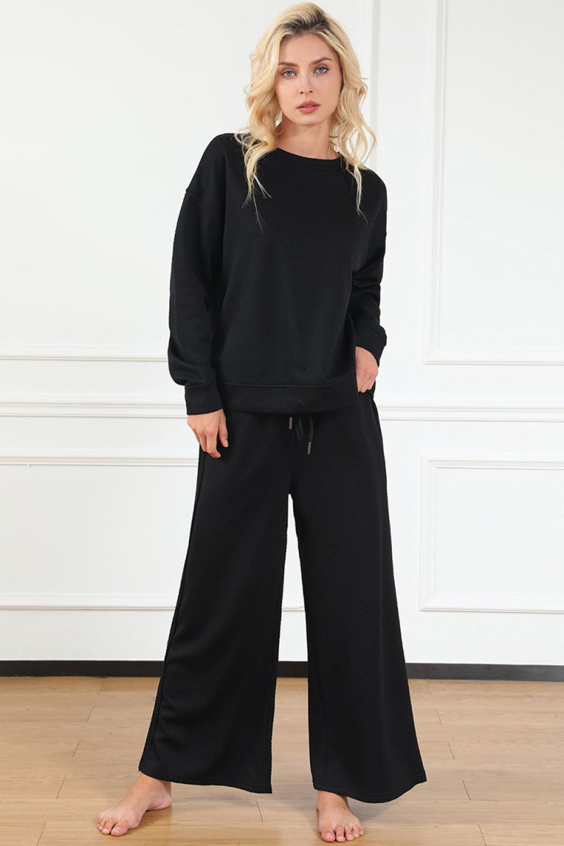 Double Take Full Size Textured Long Sleeve Top and Drawstring Pants Set - Sleekdenim.com