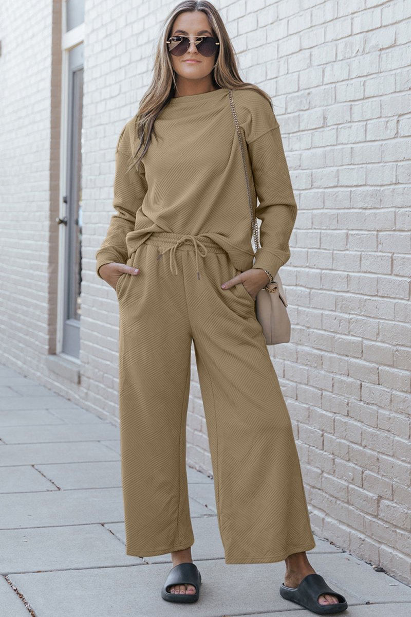 Double Take Full Size Textured Long Sleeve Top and Drawstring Pants Set - Sleekdenim.com