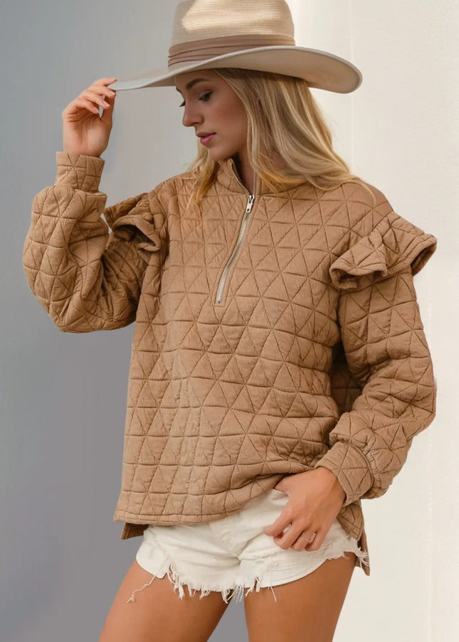 Double Take Ruffled Texture Half Zip Long Sleeve Sweatshirt - Sleekdenim.com