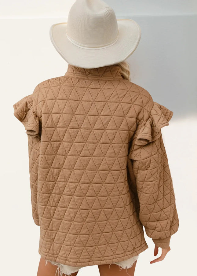 Double Take Ruffled Texture Half Zip Long Sleeve Sweatshirt - Sleekdenim.com