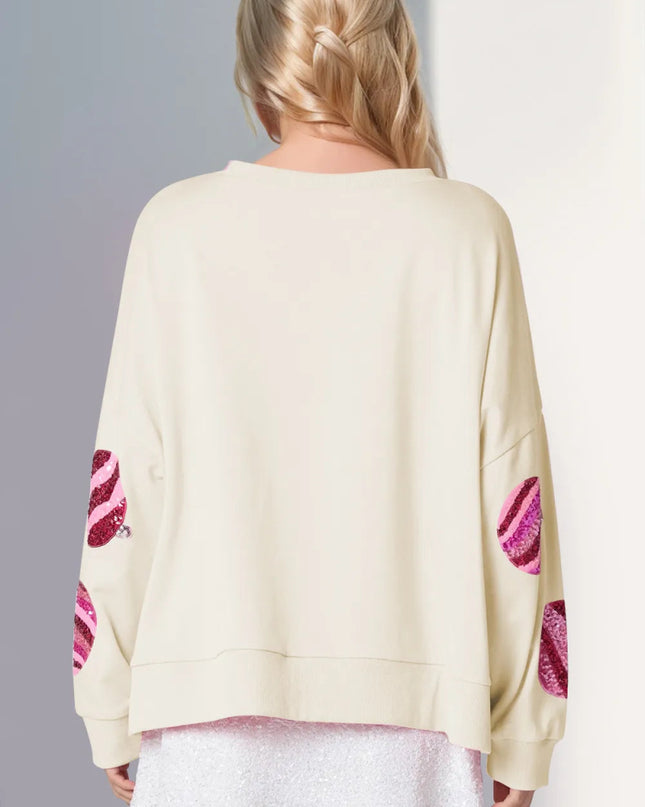 Double Take Sequin Round Neck Long Sleeve Sweatshirt - Sleekdenim.com