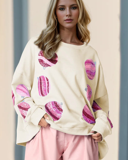 Double Take Sequin Round Neck Long Sleeve Sweatshirt - Sleekdenim.com