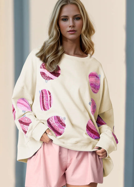 Double Take Sequin Round Neck Long Sleeve Sweatshirt - Sleekdenim.com