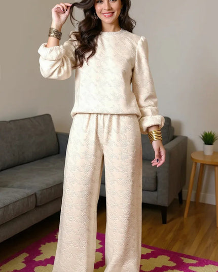 Double Take Texture Long Sleeve Top and Wide Leg Pants Set - Sleekdenim.com