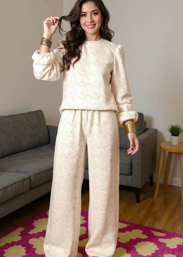 Double Take Texture Long Sleeve Top and Wide Leg Pants Set - Sleekdenim.com