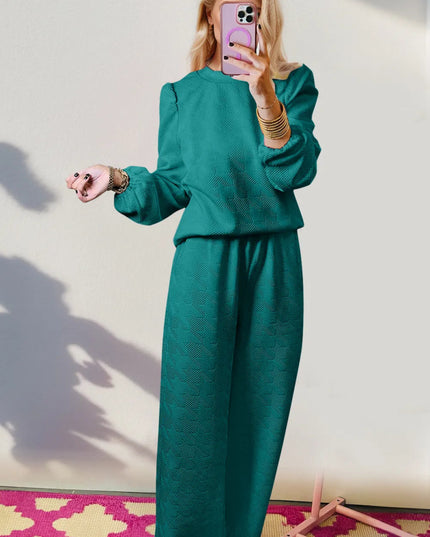Double Take Texture Long Sleeve Top and Wide Leg Pants Set - Sleekdenim.com