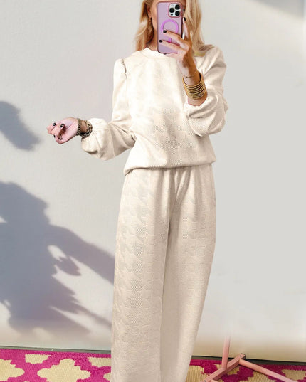 Double Take Texture Long Sleeve Top and Wide Leg Pants Set - Sleekdenim.com