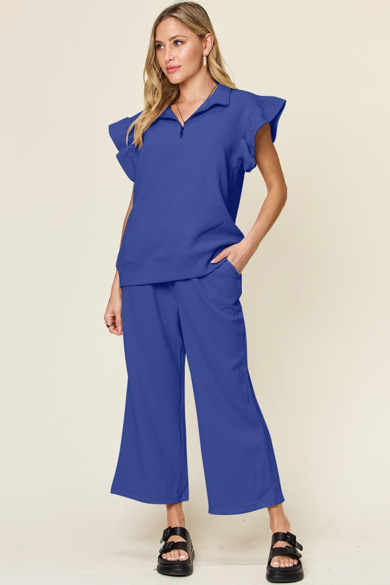 Double Take Texture Ruffle Short Sleeve Top and Drawstring Wide Leg Pants Set - Sleekdenim.com