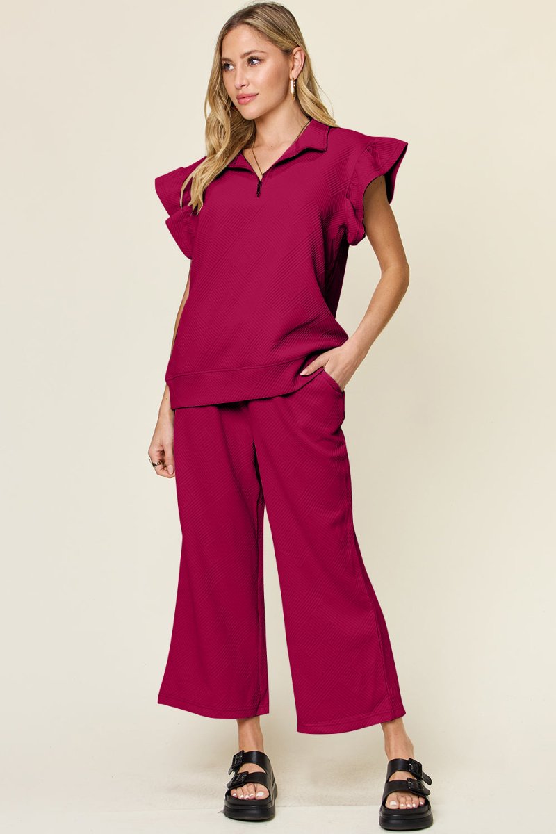 Double Take Texture Ruffle Short Sleeve Top and Drawstring Wide Leg Pants Set - Sleekdenim.com