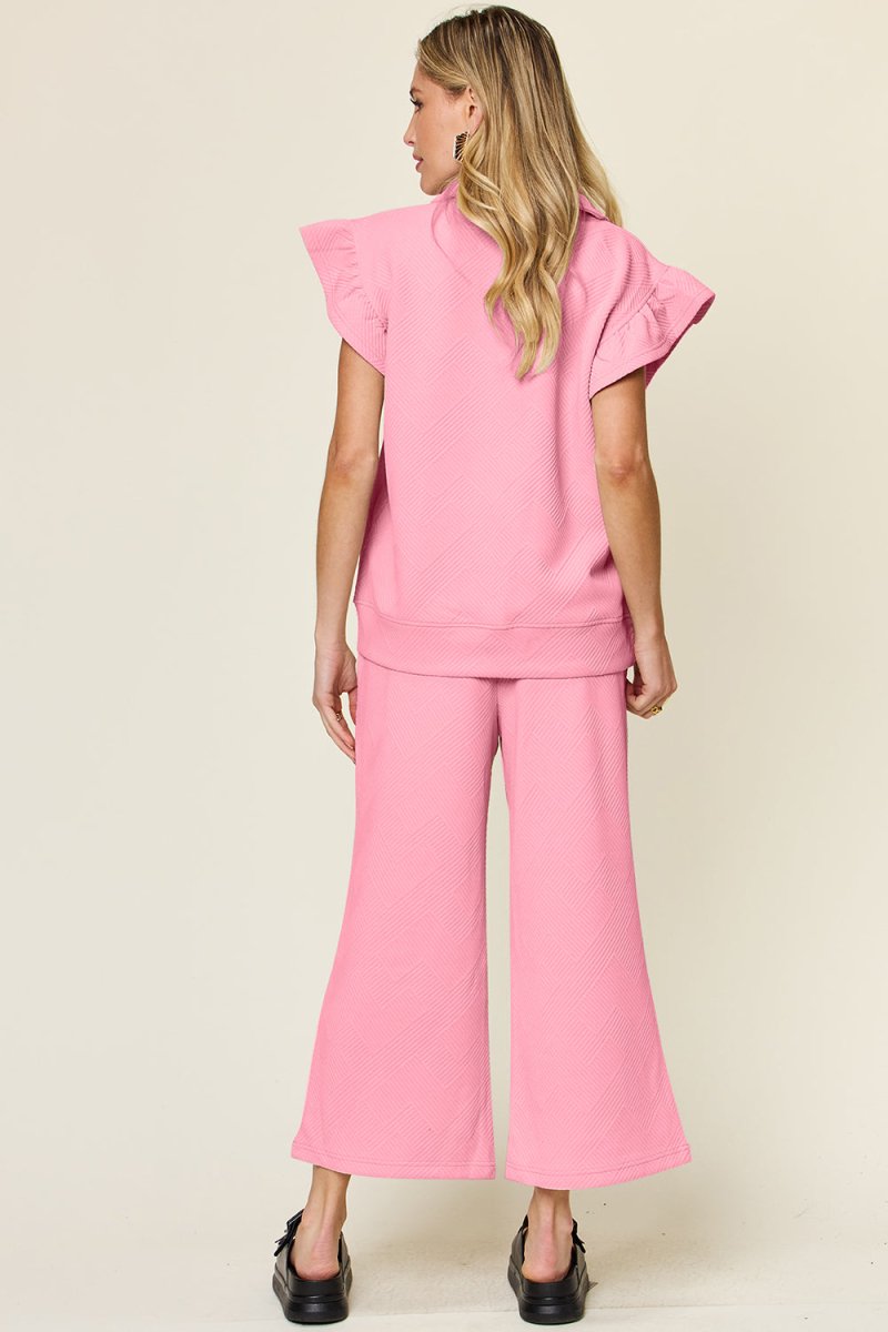 Double Take Texture Ruffle Short Sleeve Top and Drawstring Wide Leg Pants Set - Sleekdenim.com