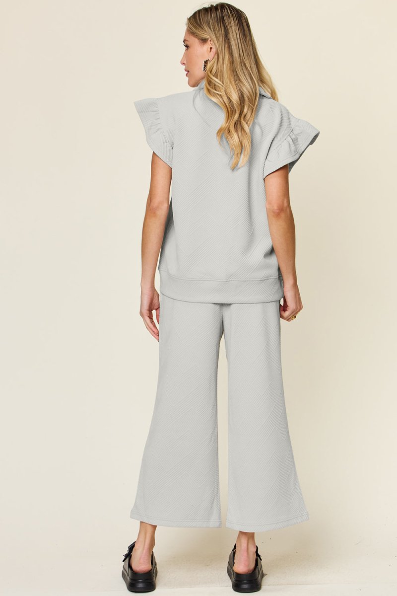 Double Take Texture Ruffle Short Sleeve Top and Drawstring Wide Leg Pants Set - Sleekdenim.com