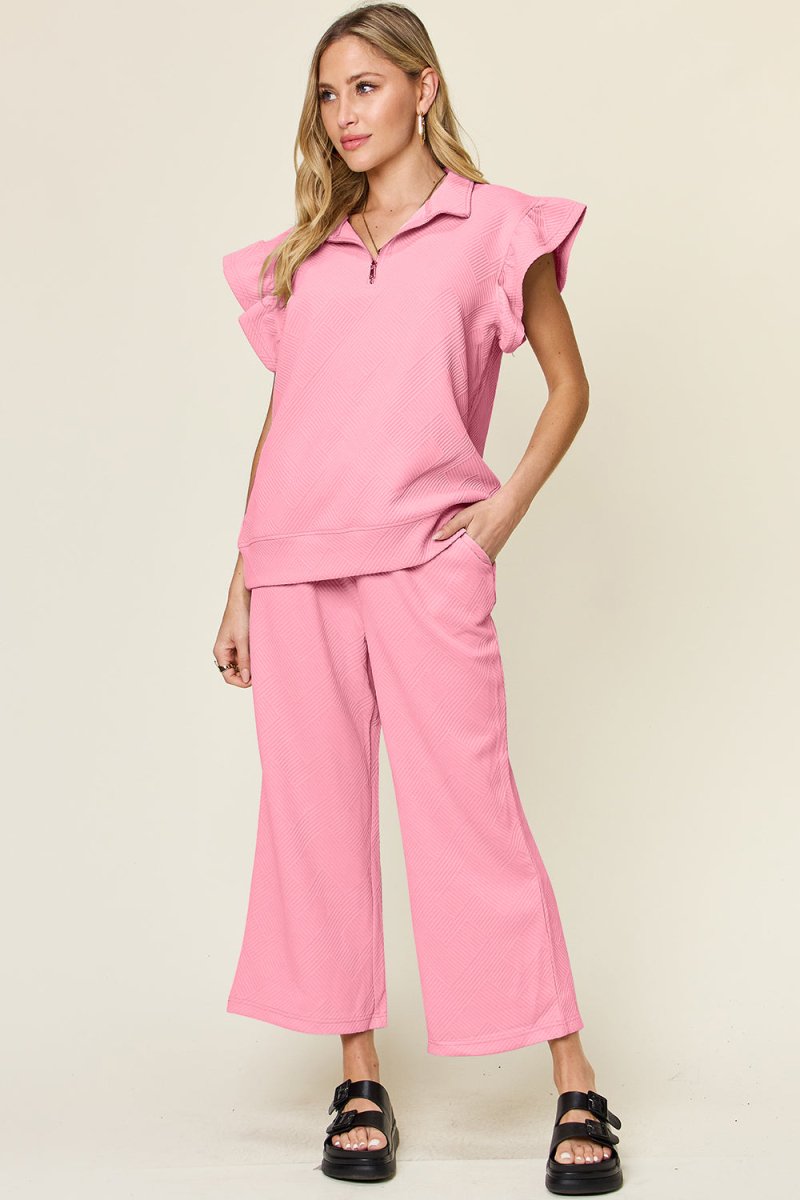 Double Take Texture Ruffle Short Sleeve Top and Drawstring Wide Leg Pants Set - Sleekdenim.com