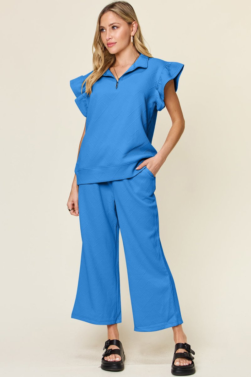 Double Take Texture Ruffle Short Sleeve Top and Drawstring Wide Leg Pants Set - Sleekdenim.com