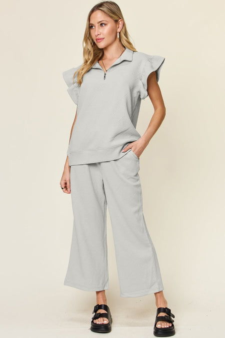 Double Take Texture Ruffle Short Sleeve Top and Drawstring Wide Leg Pants Set - Sleekdenim.com