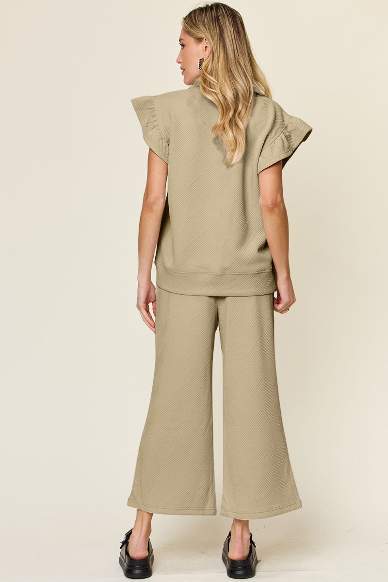 Double Take Texture Ruffle Short Sleeve Top and Drawstring Wide Leg Pants Set - Sleekdenim.com