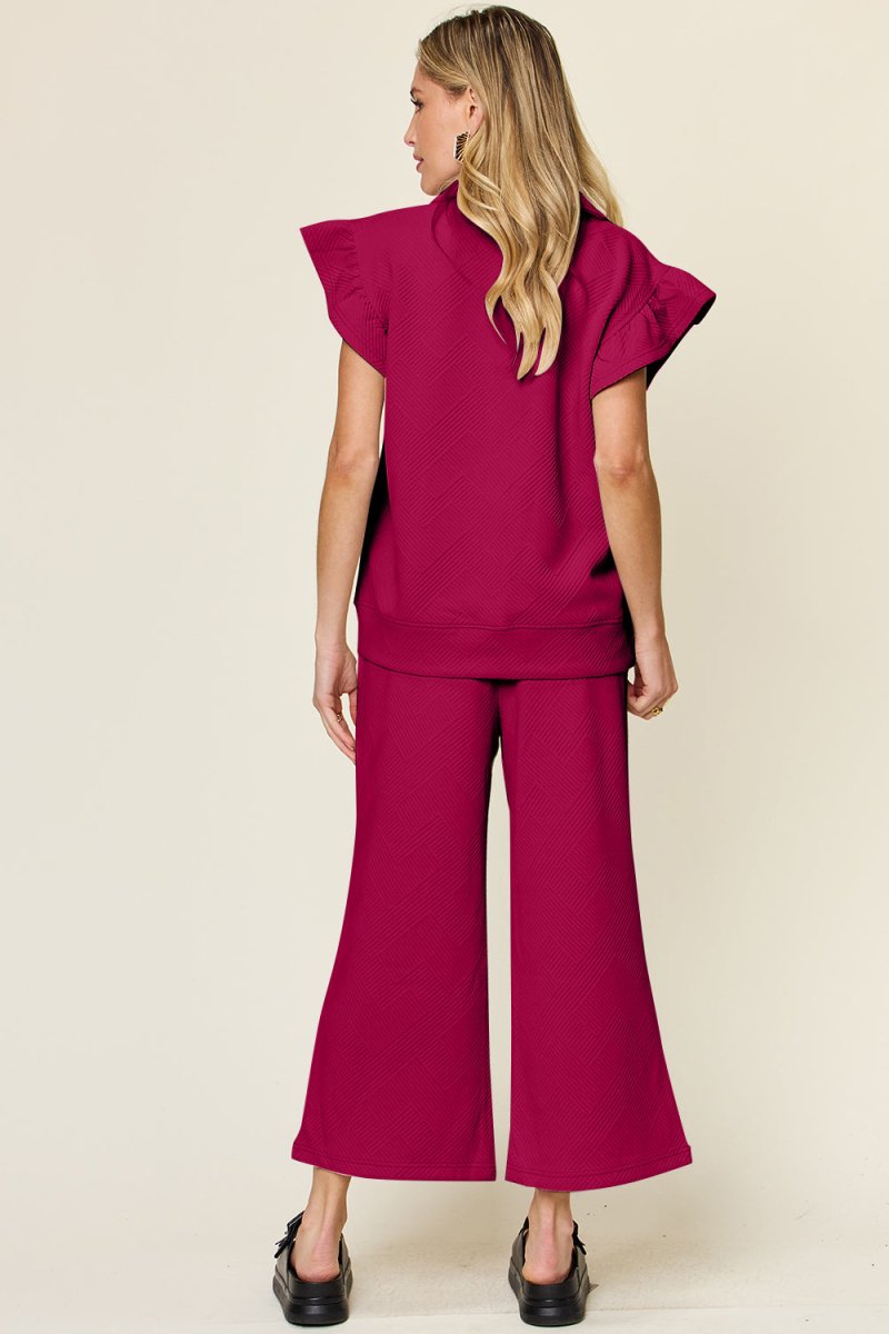 Double Take Texture Ruffle Short Sleeve Top and Drawstring Wide Leg Pants Set - Sleekdenim.com