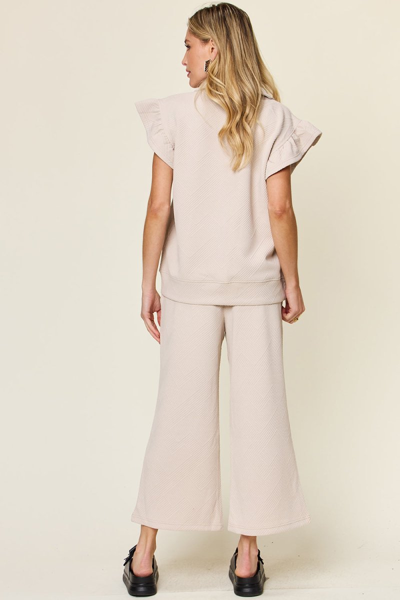 Double Take Texture Ruffle Short Sleeve Top and Drawstring Wide Leg Pants Set - Sleekdenim.com