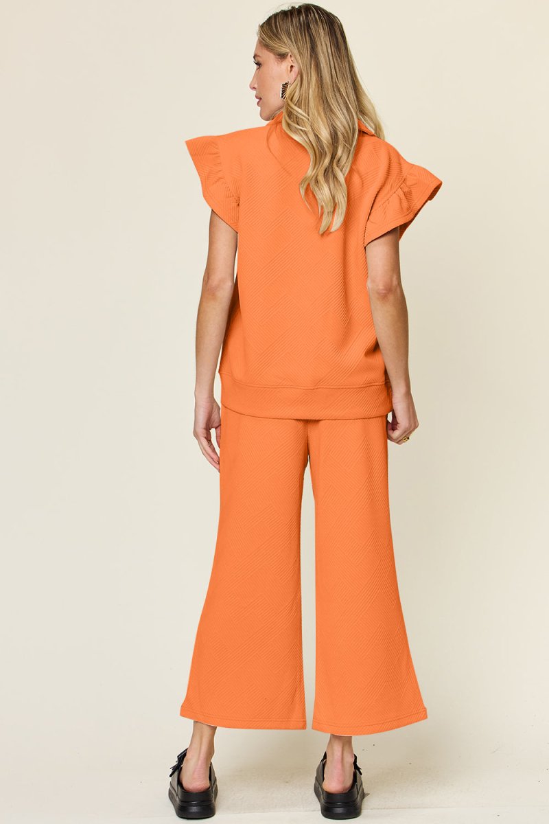 Double Take Texture Ruffle Short Sleeve Top and Drawstring Wide Leg Pants Set - Sleekdenim.com