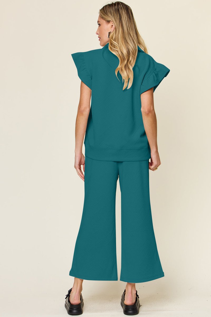 Double Take Texture Ruffle Short Sleeve Top and Drawstring Wide Leg Pants Set - Sleekdenim.com