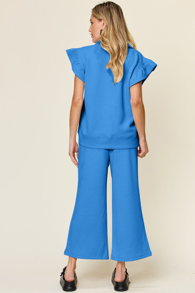 Double Take Texture Ruffle Short Sleeve Top and Drawstring Wide Leg Pants Set - Sleekdenim.com