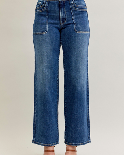 Judy Blue Mid Rise 90's Front Patch Double Pocket Straight Denim Jeans 82680 - Sleekdenim.com