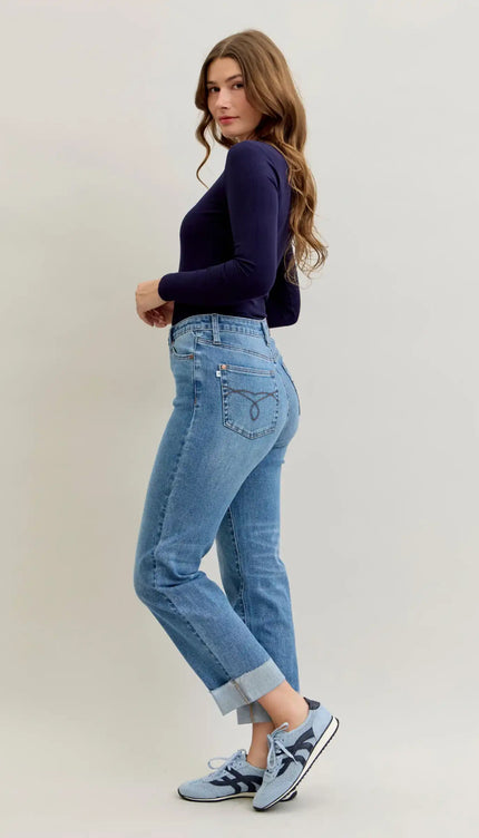 Judy Blue High Waist Criss-Cross Mild Destroy Single Cuff Boyfriend Denim Jeans 881003 - Sleekdenim.com