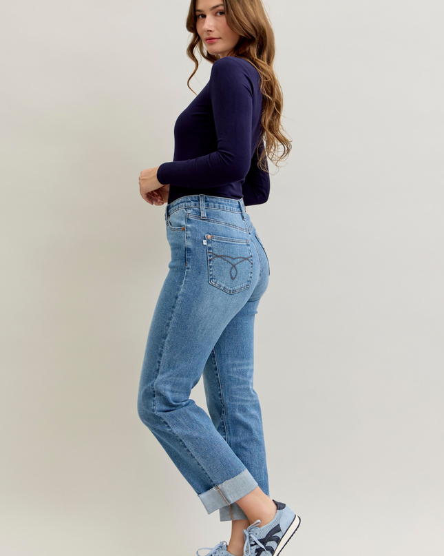 Judy Blue High Waist Criss-Cross Mild Destroy Single Cuff Boyfriend Denim Jeans 881003