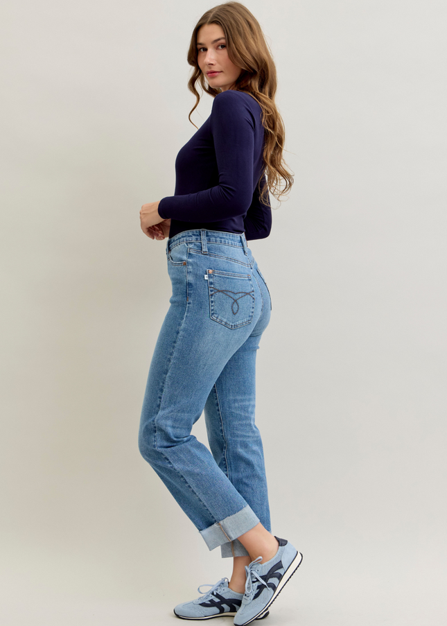 Judy Blue High Waist Criss-Cross Mild Destroy Single Cuff Boyfriend Denim Jeans 881003