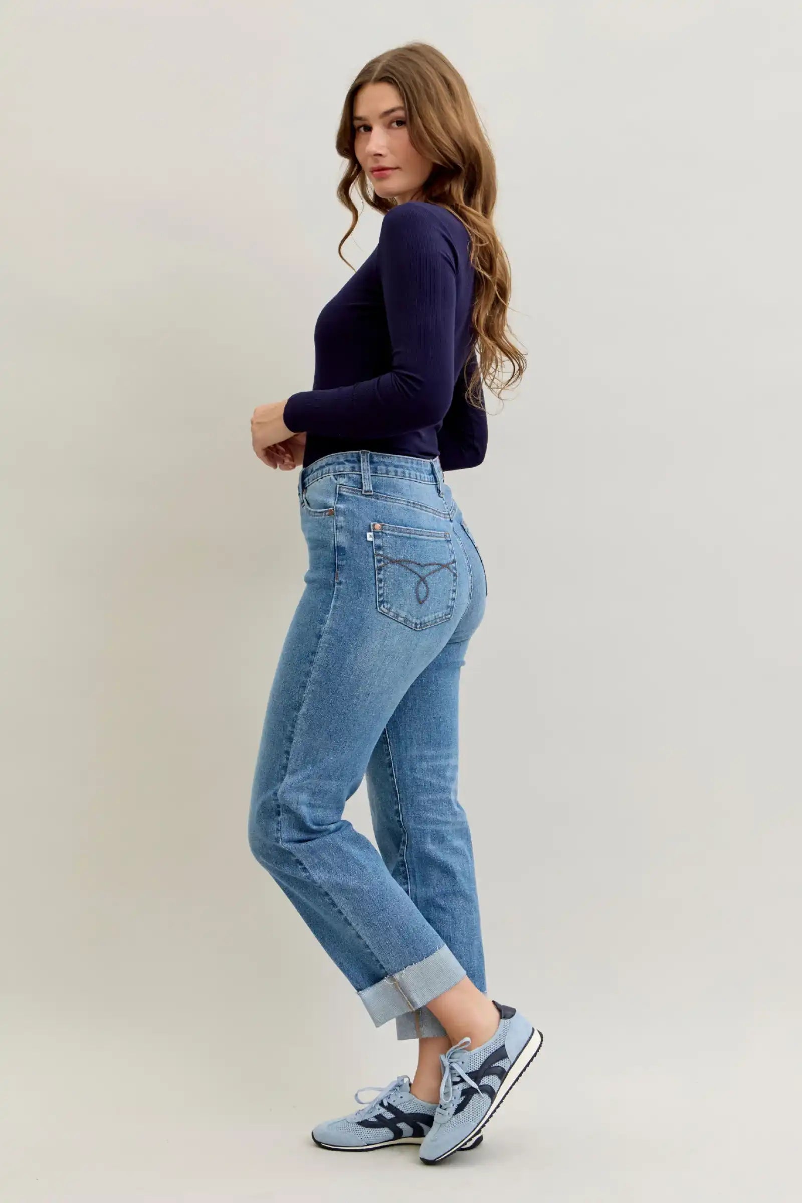 Judy Blue High Waist Criss-Cross Mild Destroy Single Cuff Boyfriend Denim Jeans 881003 - Sleekdenim.com