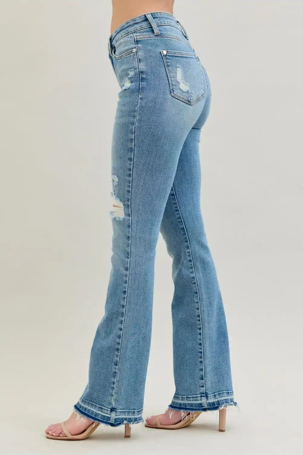 Judy Blue Mid Rise Destroy & Release Hem Bootcut Denim Jeans 88632 - Sleekdenim.com