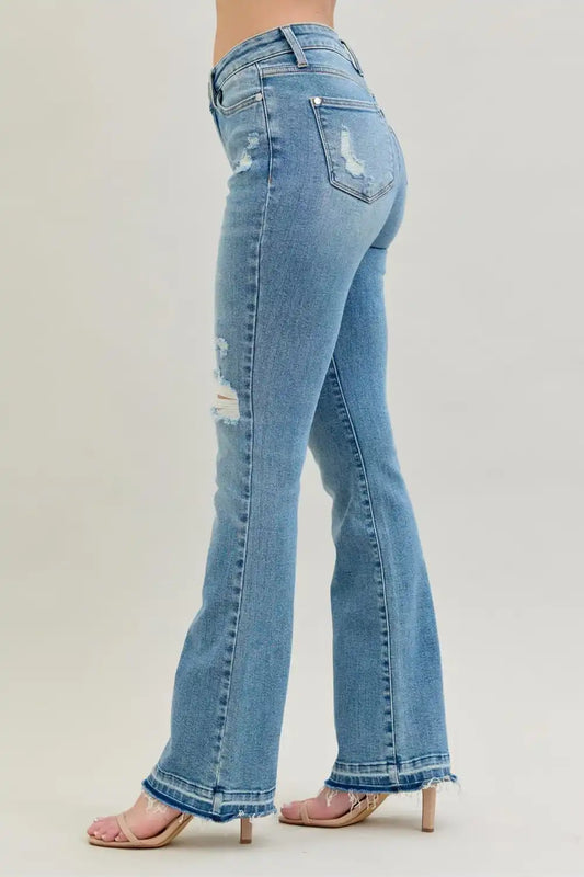 Judy Blue Mid Rise Destroy & Release Hem Bootcut Denim Jeans 88632 - Sleekdenim.com