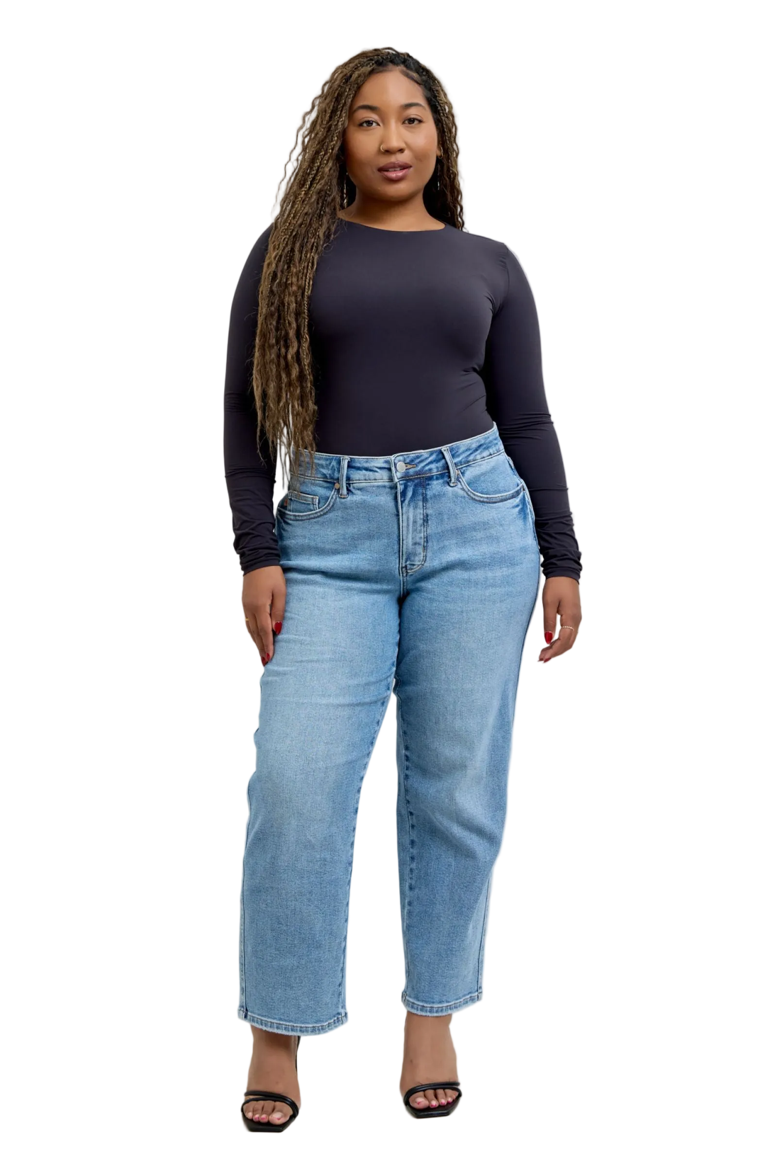 Judy Blue Mid Rise Petite Tummy Control Vintage Wash Straight Denim Jeans 88943