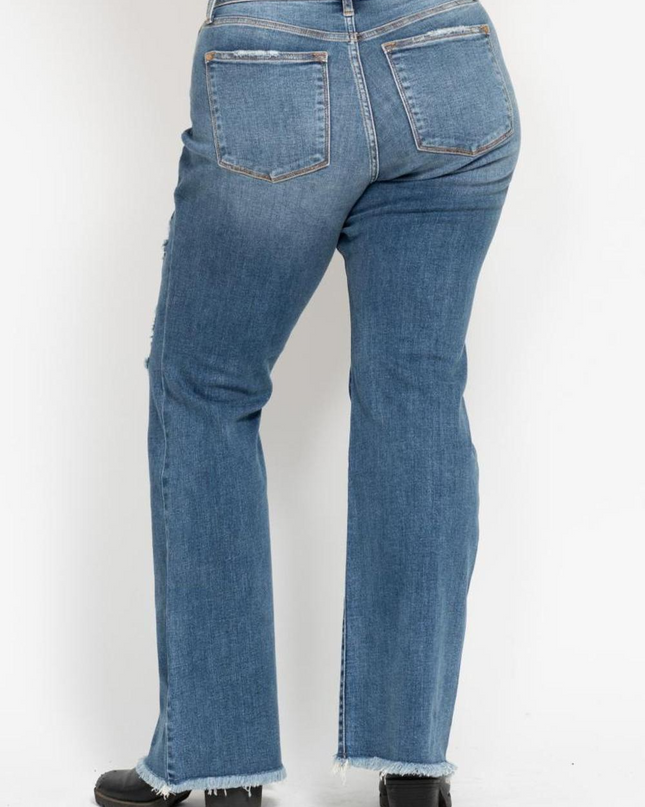 Judy Blue Mid Rise Button Fly Destroyed Fray Hem Flare Denim Jeans 82638 - Sleekdenim.com