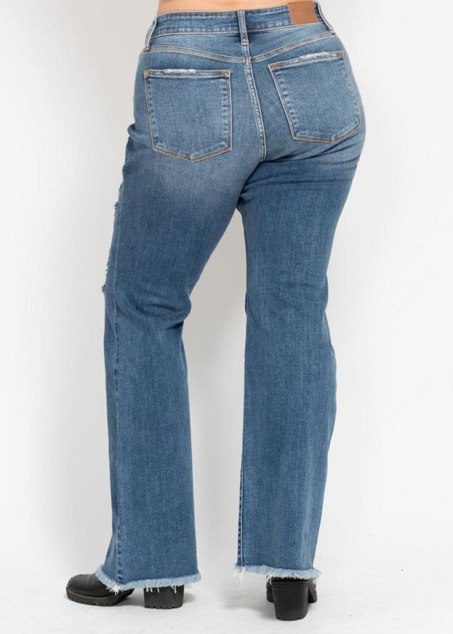 Judy Blue Mid Rise Button Fly Destroyed Fray Hem Flare Denim Jeans 82638 - Sleekdenim.com